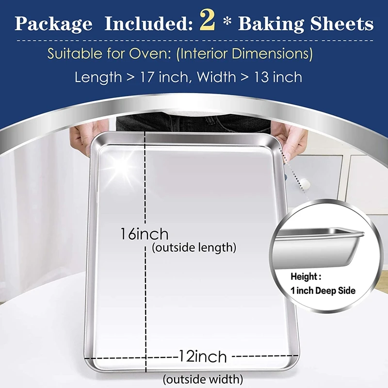 Baking Cookie Sheet Set Of 2, Stainless Steel Baking Sheets Pan Oven Tray, 16X12x1inch, Mirror Finished & Easy Clean