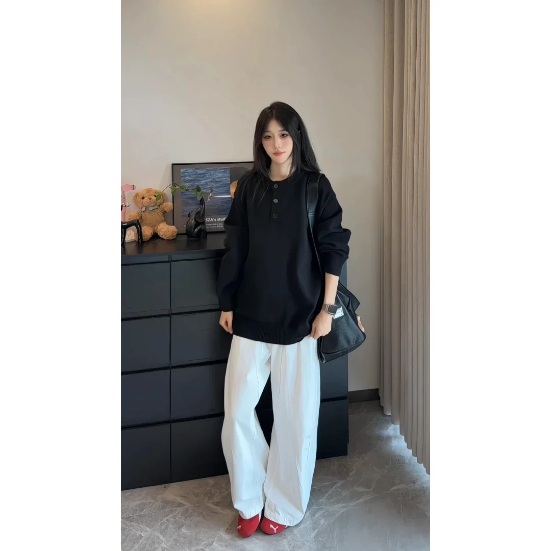 

Американский свитшот с воротником Генри, мужская свободная повседневная вязаная верхняя одежда для пар, осенняя новинка модного бренда