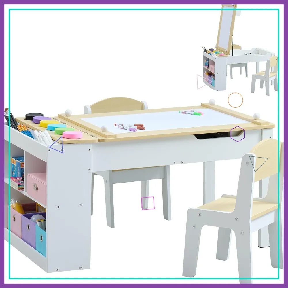 

Kids Art Table Set with Chairs, 3-in-1 Craft Desk & Easel for Drawing Painting, Activity Table with Storage Bins