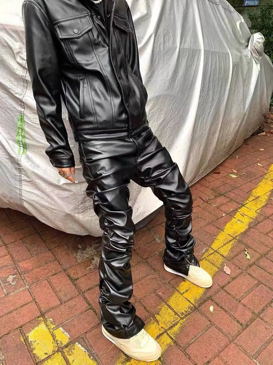 

Мужские кожаные брюки ручной работы, складные, в стиле хип-хоп, с высокой талией, повседневные, длинные, осенние, модный тренд 2025, свободный крой