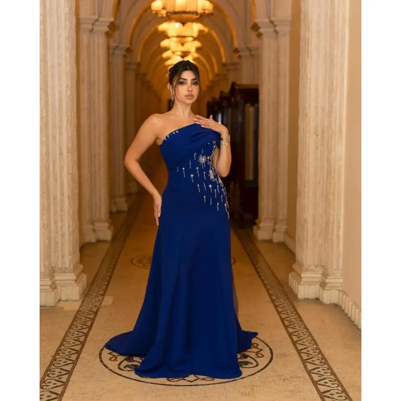 Indie Saudi One Shoulder Prom Gown Women Beaded Blue Party Evening Dress Floor Length Formal Occasion Dresses 2025 Customized