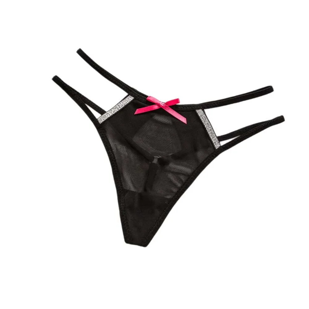 Fashion Mesh Women Bowknot Thongs Glitter Strip Traceless Bikini Briefs Underpants Solid Color T-back Panties Intimate Apparel