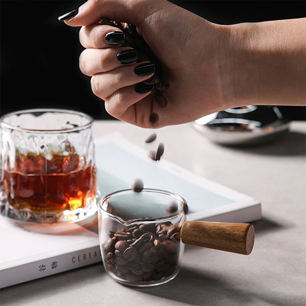 50/100ml Wood Handle Glass Espresso Measuring Cup Milk Cup Multi-functional Kitchen Measure Mug Coffee Supplies Clear