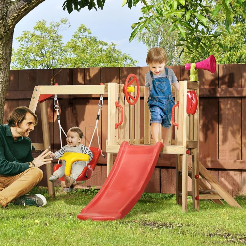 Set da gioco per altalena in legno 4 in 1 da esterno con sedile per altalena per bambini, scivolo per bambini, ruota del capitano, corno, parco giochi per bambini nel cortile