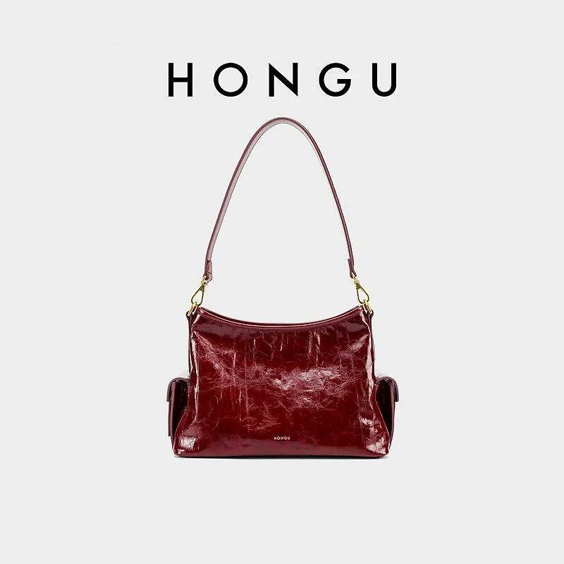 

HONGU Autumn Large Capacity Red Bucket Bag Smooth Texture Fashion Women Shoulder Bag Red Underarm Bag Commuter Style H51756137