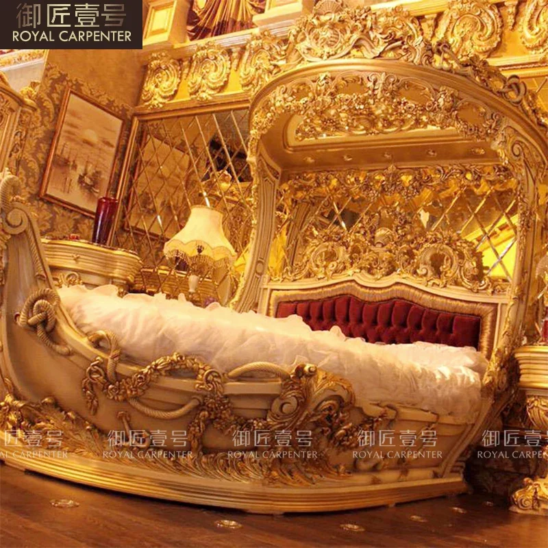 European solid wood carved double queen bed luxury boat bed French cloth princess bed villa bedroom furniture