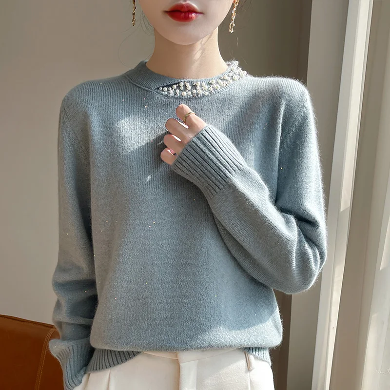 Round Neck Sweater Women's Autumn/Winter New Temperament Nail Bead High-quality Wool Pullove Loose Long Sleeved Solid Warm Tops