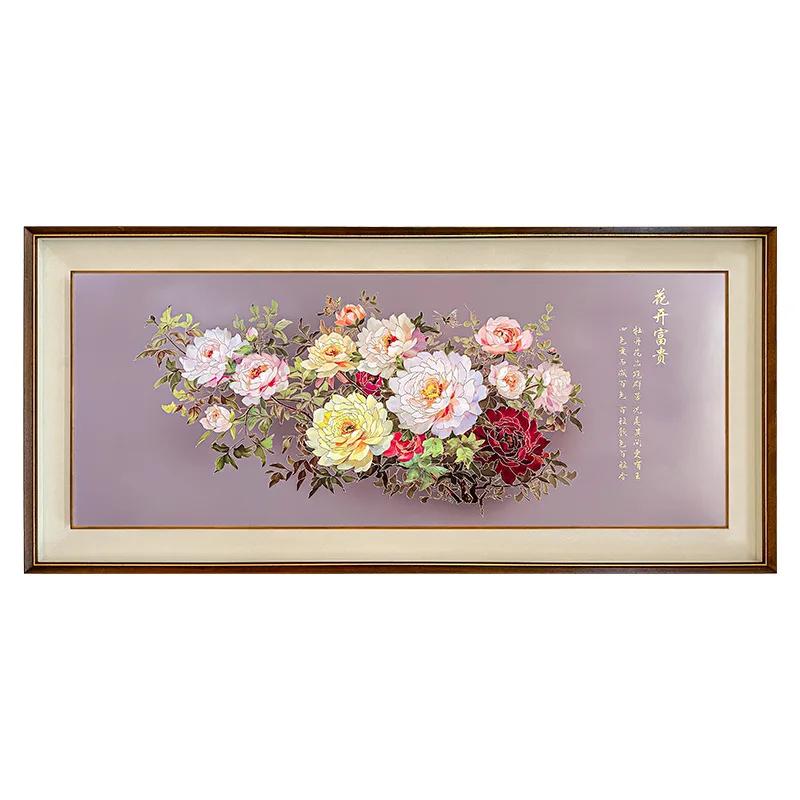 New Chinese-style living room sofa copper mural, meeting room peony hanging painting etching bronze sculpture