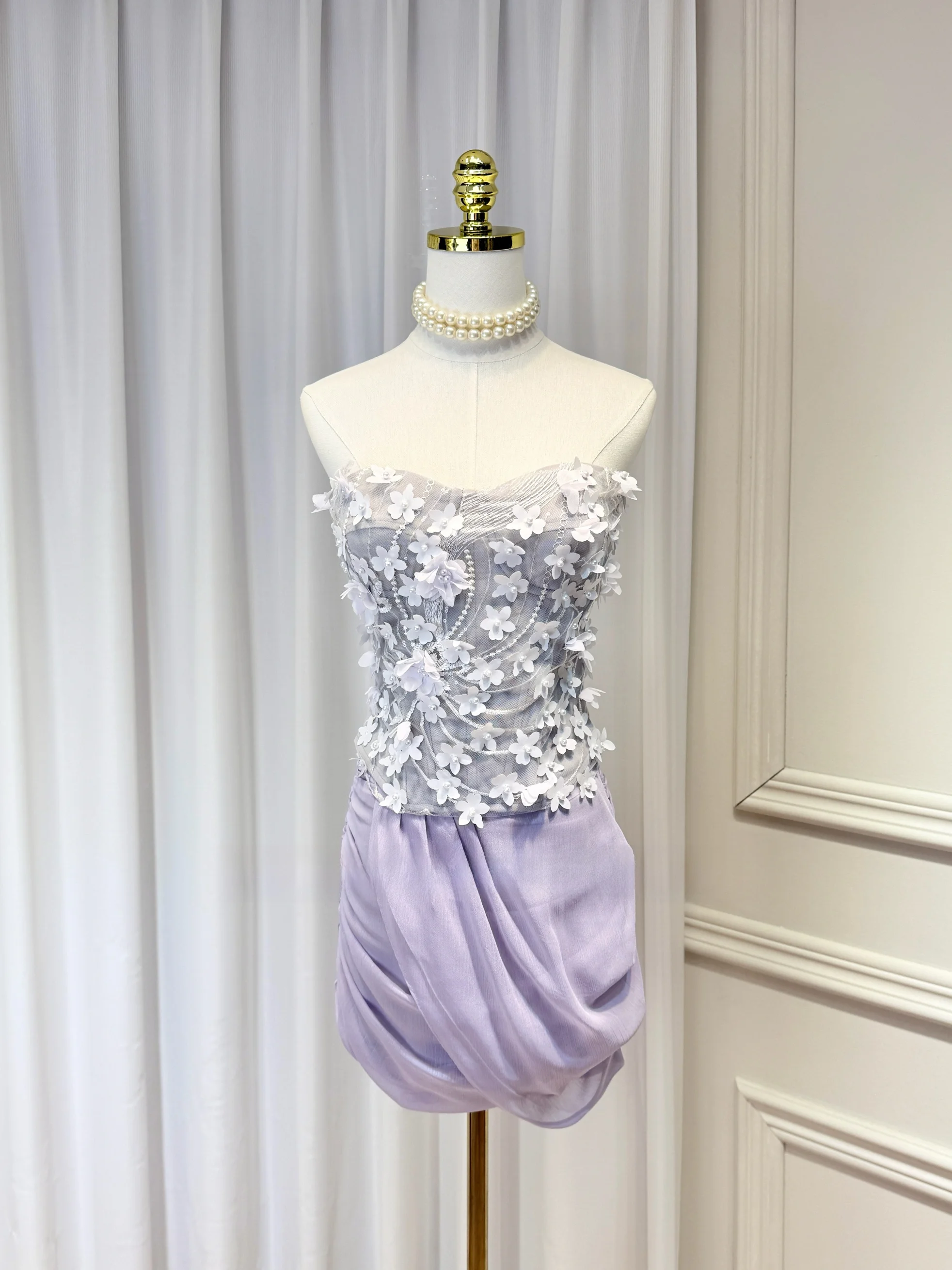 

Design Heavy Embroidery Beads Flower Tube Top Bustier Pleated Asymmetrical Wrap around f Skirt Summer Women's Dr