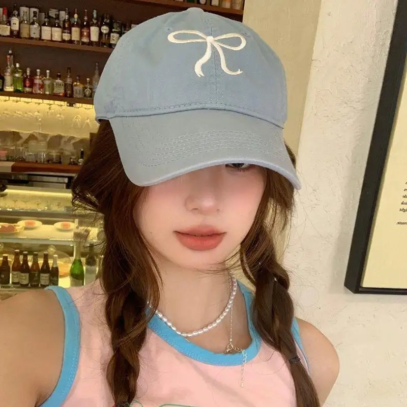 

Y2K Pink Black White Bowknot Embroidery Baseball Hat Washed Cotton Snapback Hat Solid Wide Brim Cap Outdoor Sports Sun Cap