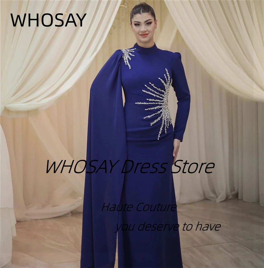 WHOSAY Dubai Party Women High Collar Beading Evening Dresses Long Sleeves Customized Zipper Back Saudi Prom Dress