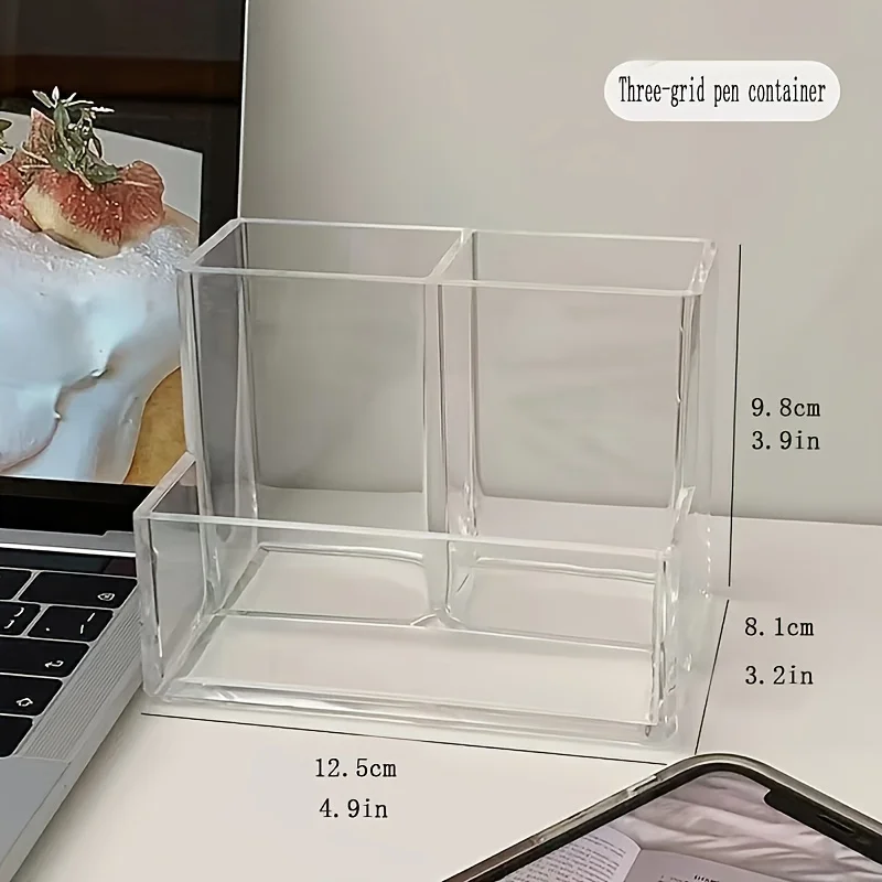 Transparent 3-Compartment Pens Holder Acrylic Desk Organizer Pens Pencils Markers Desktop Storage Box for Office School Supplies view 6