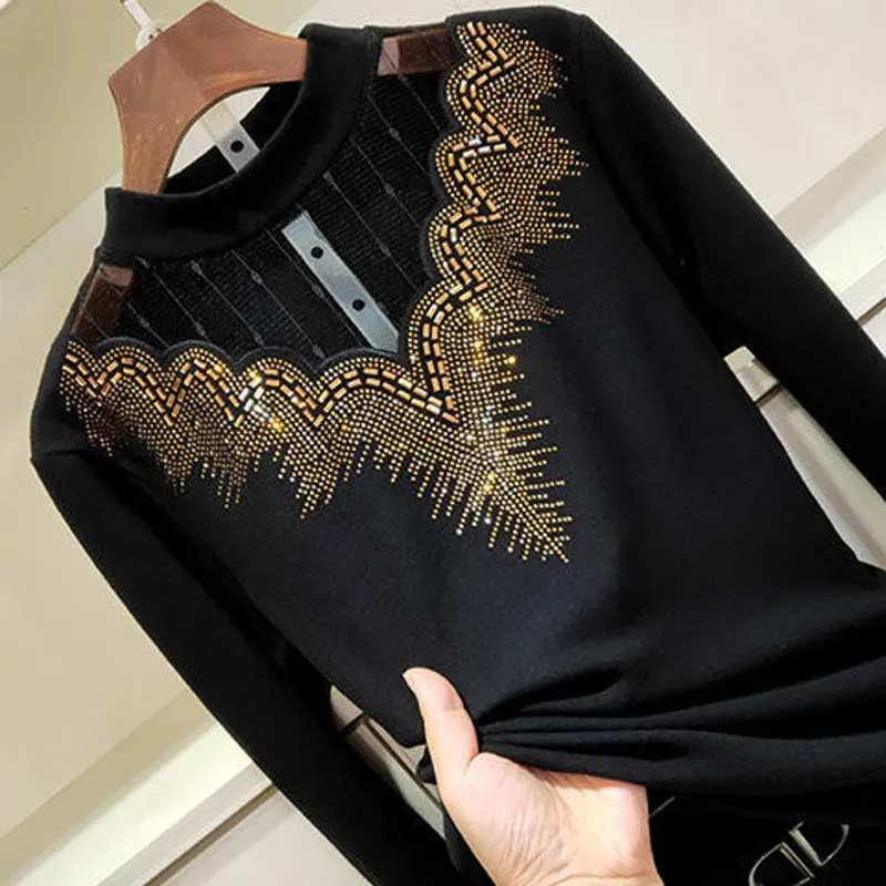 Autumn Winter Solid Color Long Sleeve T-shirt Vintage Fashion Hollow Out Gauze Spliced Round Neck Diamonds Tops Women\'s Clothing