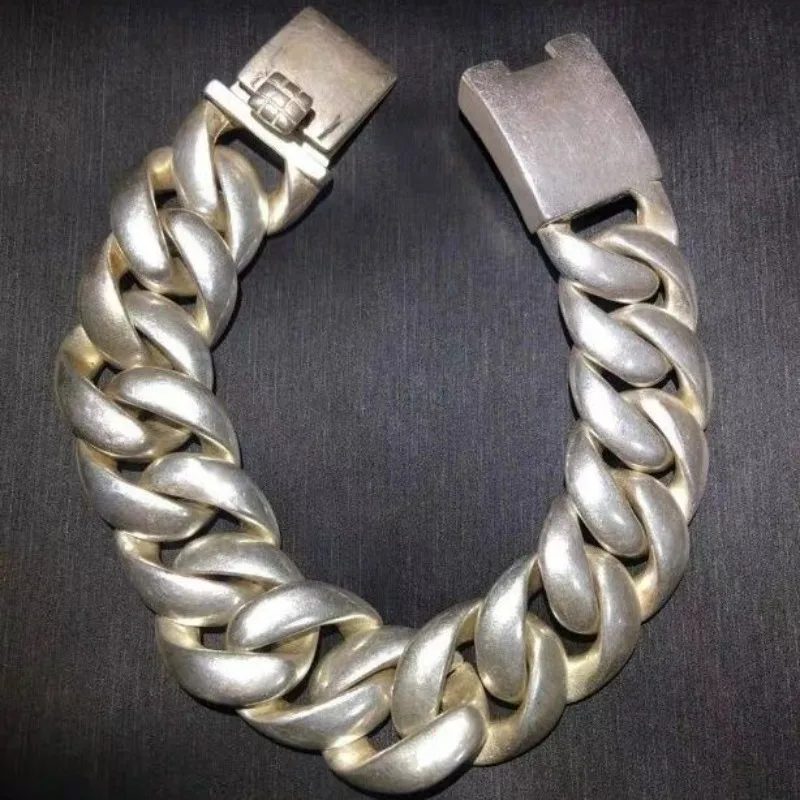 Vintage Hollow Tibetan & Miao Silver Bracelet Thick Hip Hop Chain for Men Trendy Bold Retro Jewelry