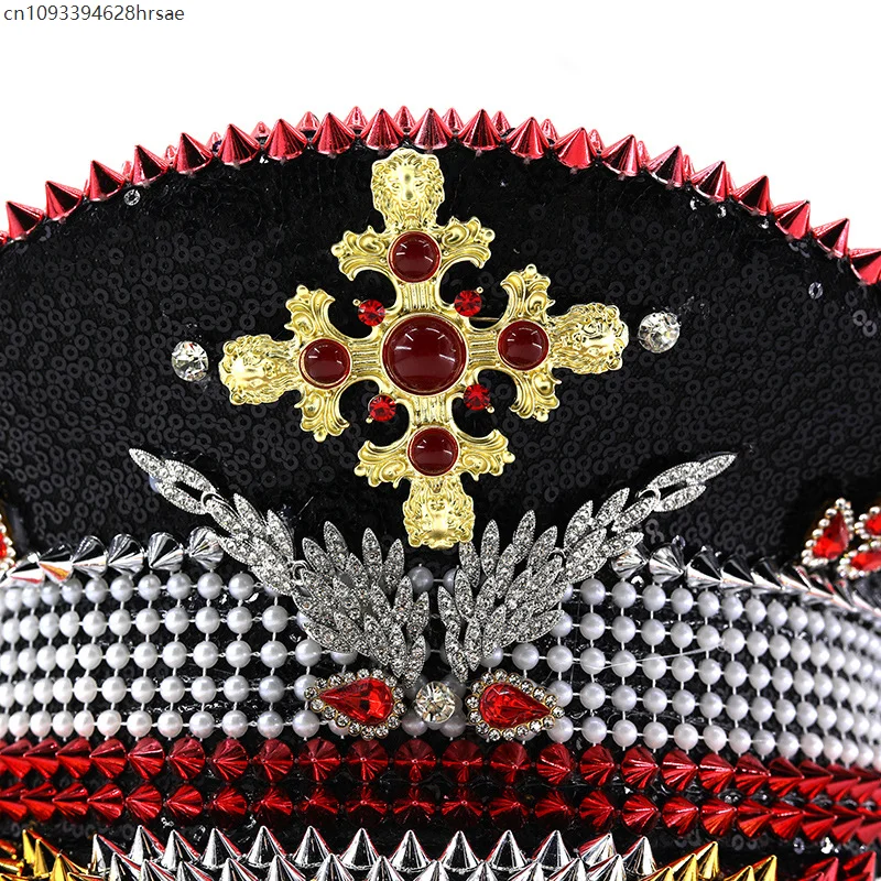 Steampunk Captain Hat Rivet Sequin Masquerade Festive Performances Unisex Adult Military Cap Rhinestone Festival Halloween Hat