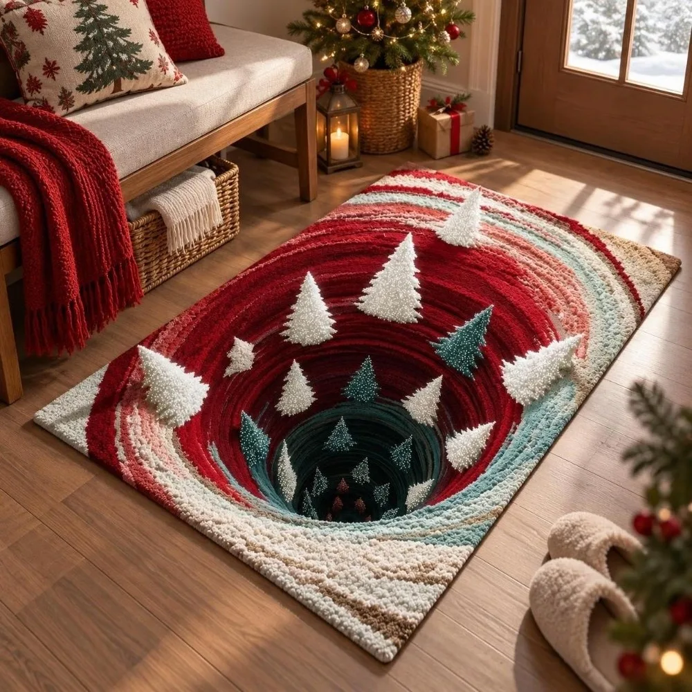 2D Flat Printed Christmas 3D Illusion Rug Reindeer Tree Santa Claus Xmas Rug Velvet Home Decor Floor Mat Living Room