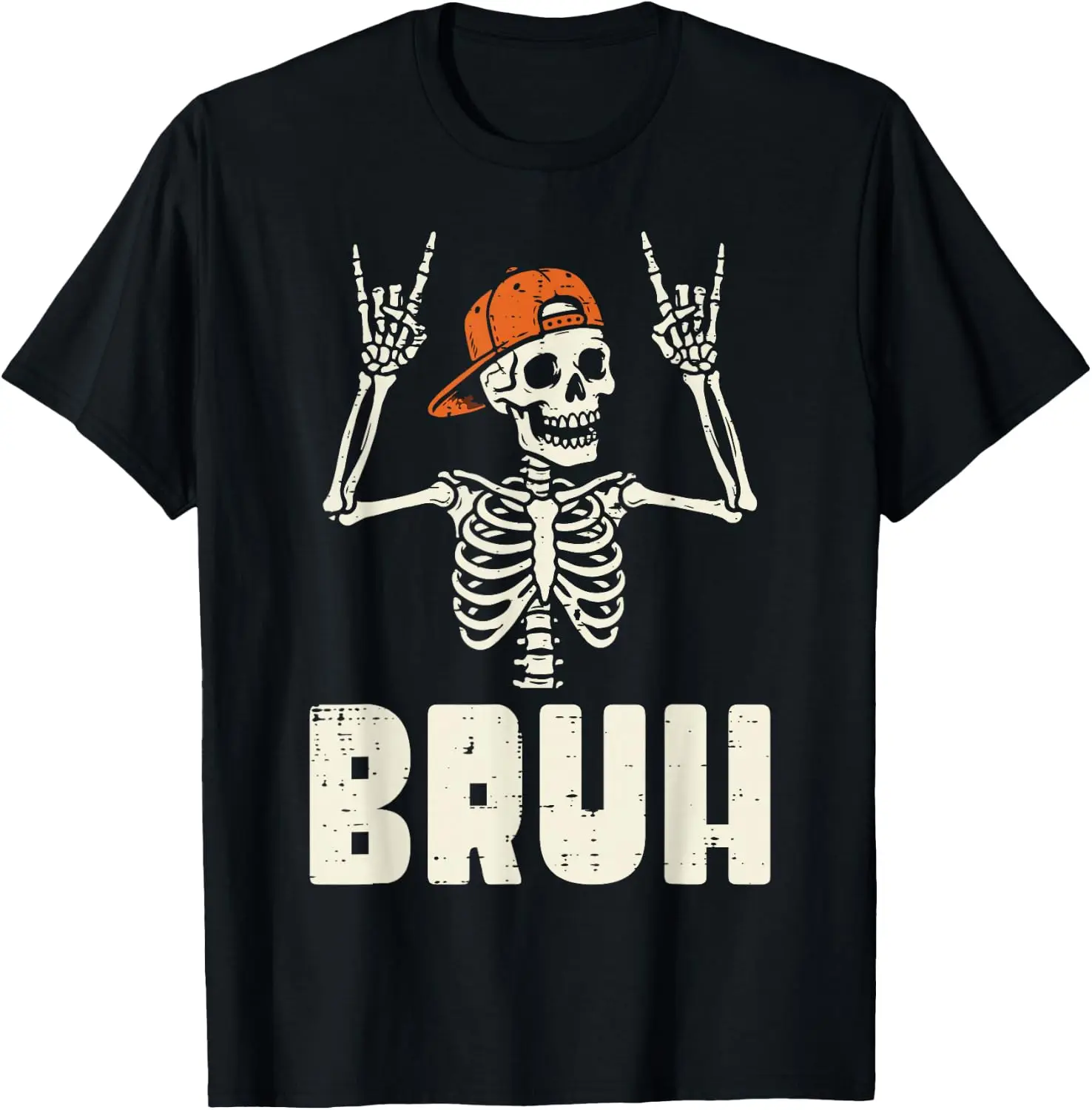 Halloween Skeleton Rock Hand Bruh Cool Costume Men Boys Kids T-Shirt Men Women Unisex Novelty Graphic T‑Shirt, Classic Crew Neck 100% Cotton Tee, Lightweight Anti‑Pilling Breathable Casual Tops, Year‑Round Daily Outfit, Holiday Birthday Present Tee