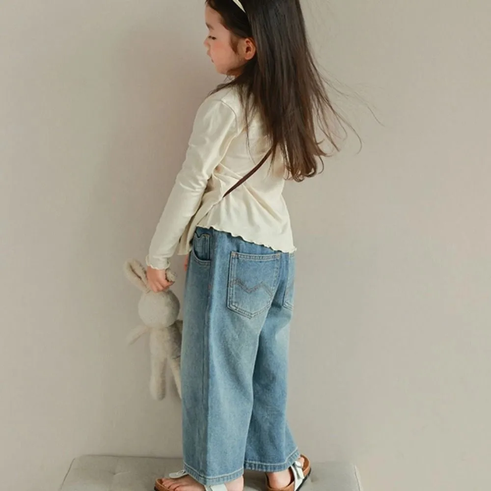 かわいいストレートジーンズハイウエストルーズ子供 Y2K ジーンズワイドレッグカウボーイパンツ小さな女の子デニムパンツ女の子ギフト