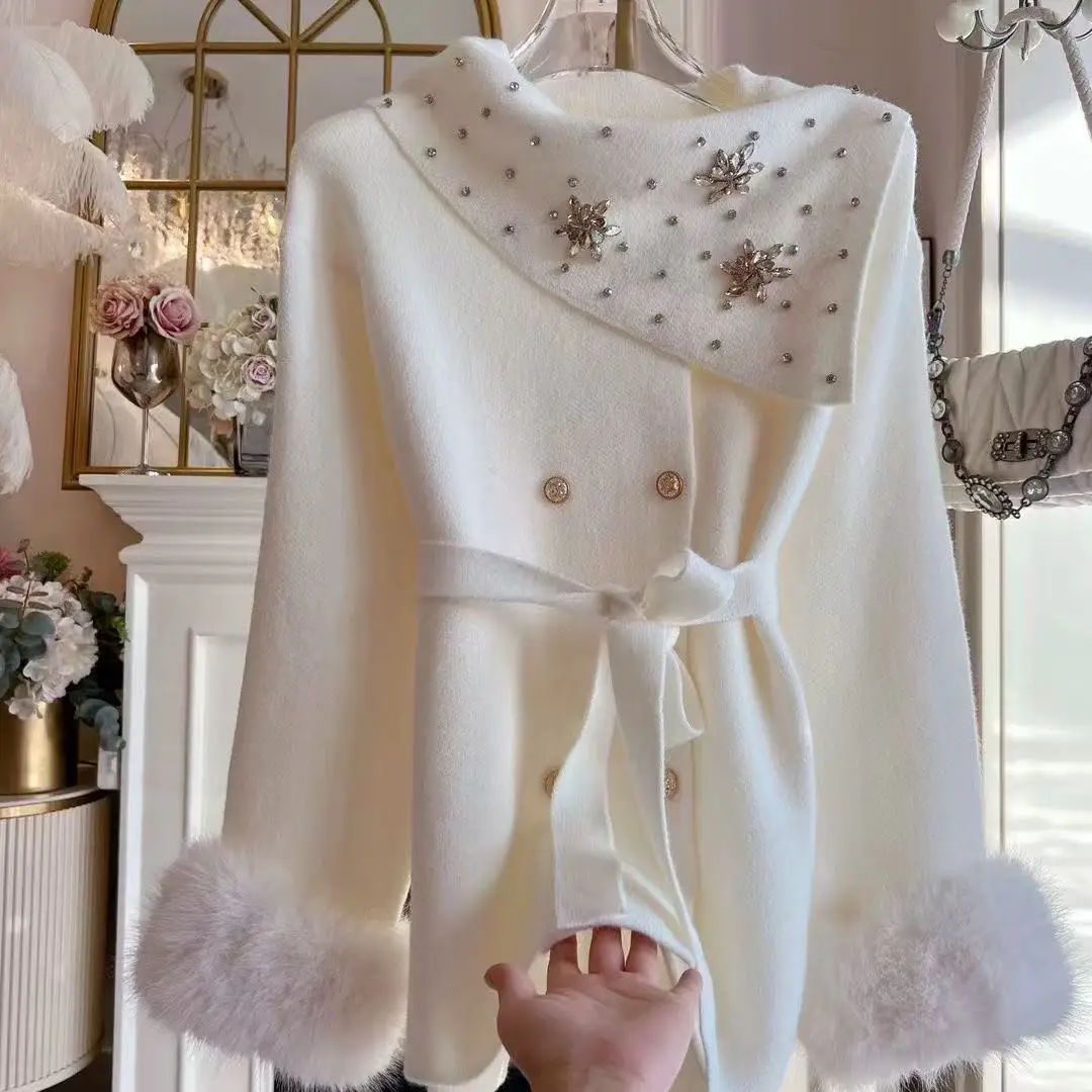 

Autumn Winter Warm Faux Mink fur Long Sweater Coat Women Long Sleeve Embroidered Flares Double Breasted Knitted Cardigan Jacket