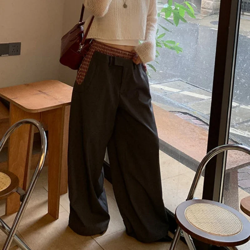 Deeptown Vintage Baggy Woman Pants Casual Harajuku Korean Fashion Wide Leg Trousers High Waist Office Lady Patchwork Pantalones