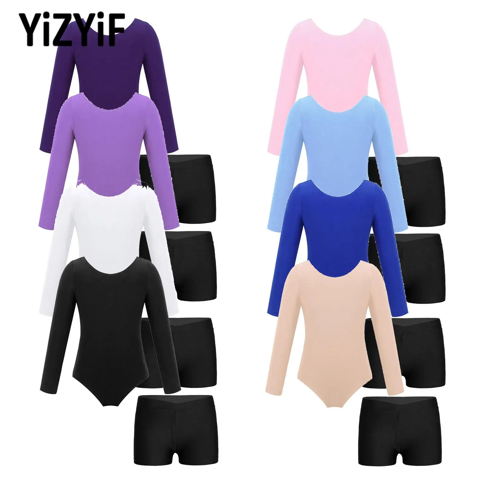 

Kids Girls Long Sleeve Ballet Gymnastics Leotard with V-front Waistband Shorts Bottoms for Gymnastics Workout Dance Warm-up