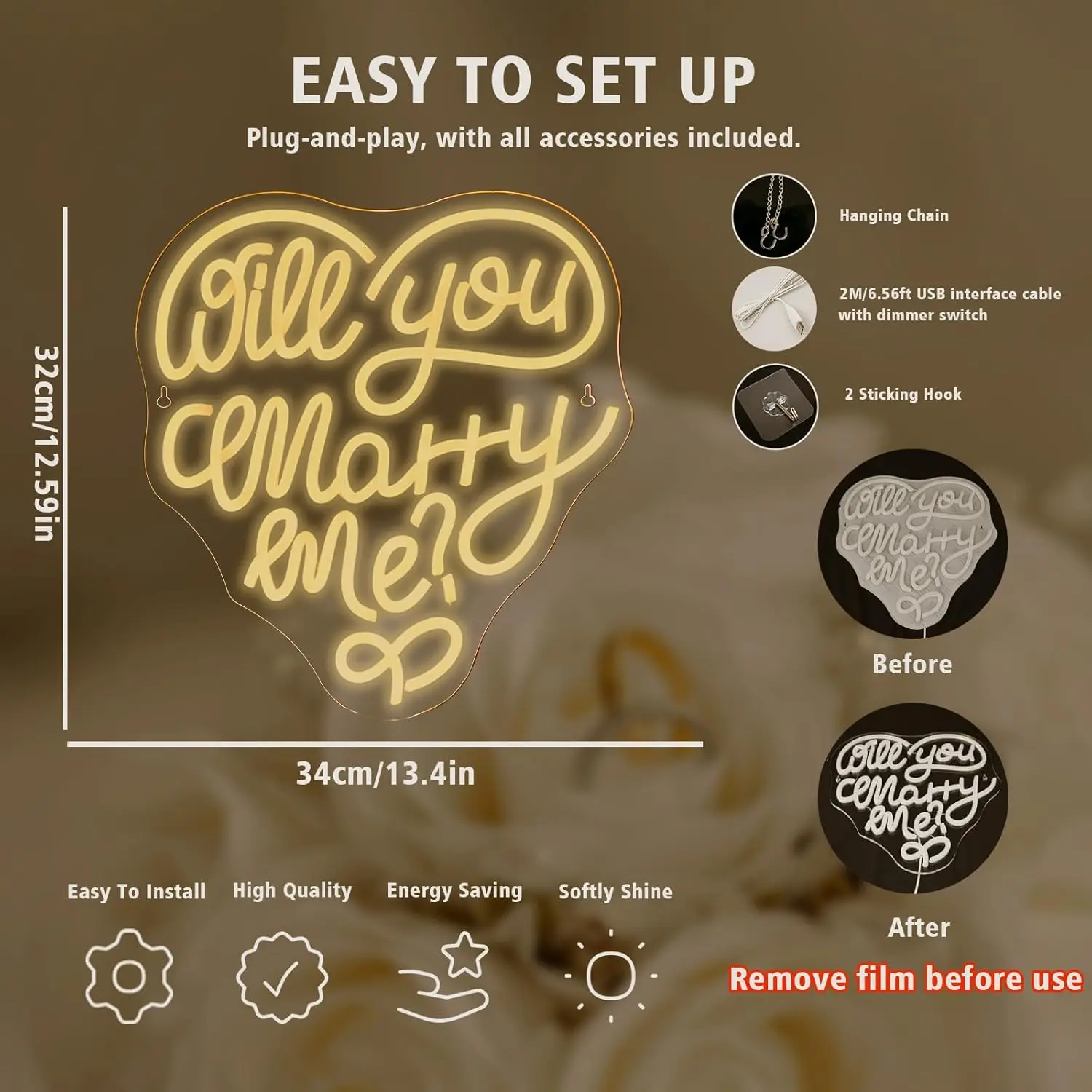 LED Neon Sign for Wall Decor Will You Marry Me Heart Shaped Neon Light USB Powered Dimmable for Wedding Party Gift Engagement Mo