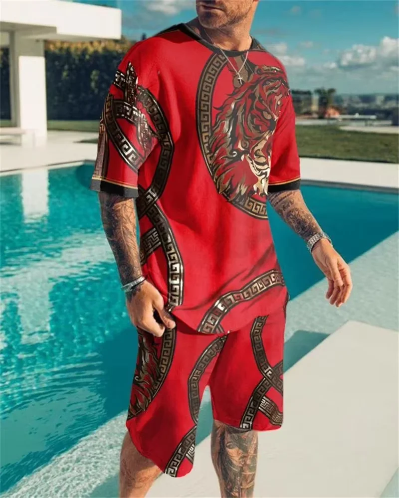 Conjunto deportivo con estampado 3D de tigre león para hombre, Top, pantalones cortos, camiseta para hombre, estilo playero, ocio, vacaciones,