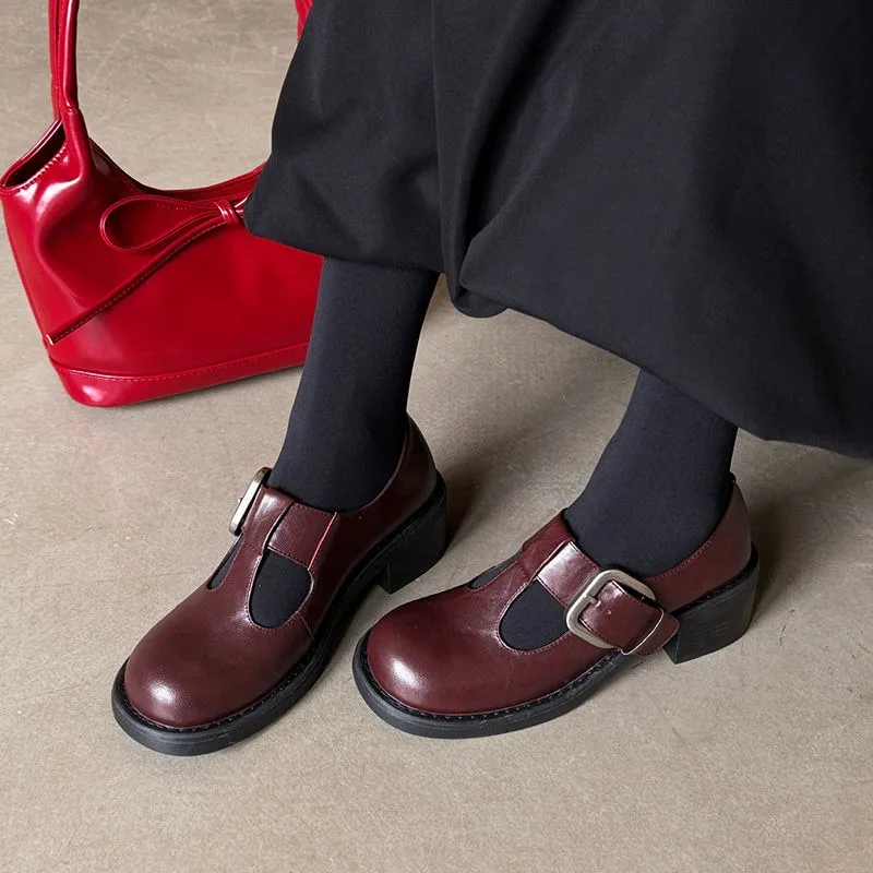 

Модные повседневные рабочие туфли Мэри Джейн на высоком каблуке 5 см на толстой подошве с круглым носком из натуральной кожи с неглубоким носком, женские туфли-лодочки