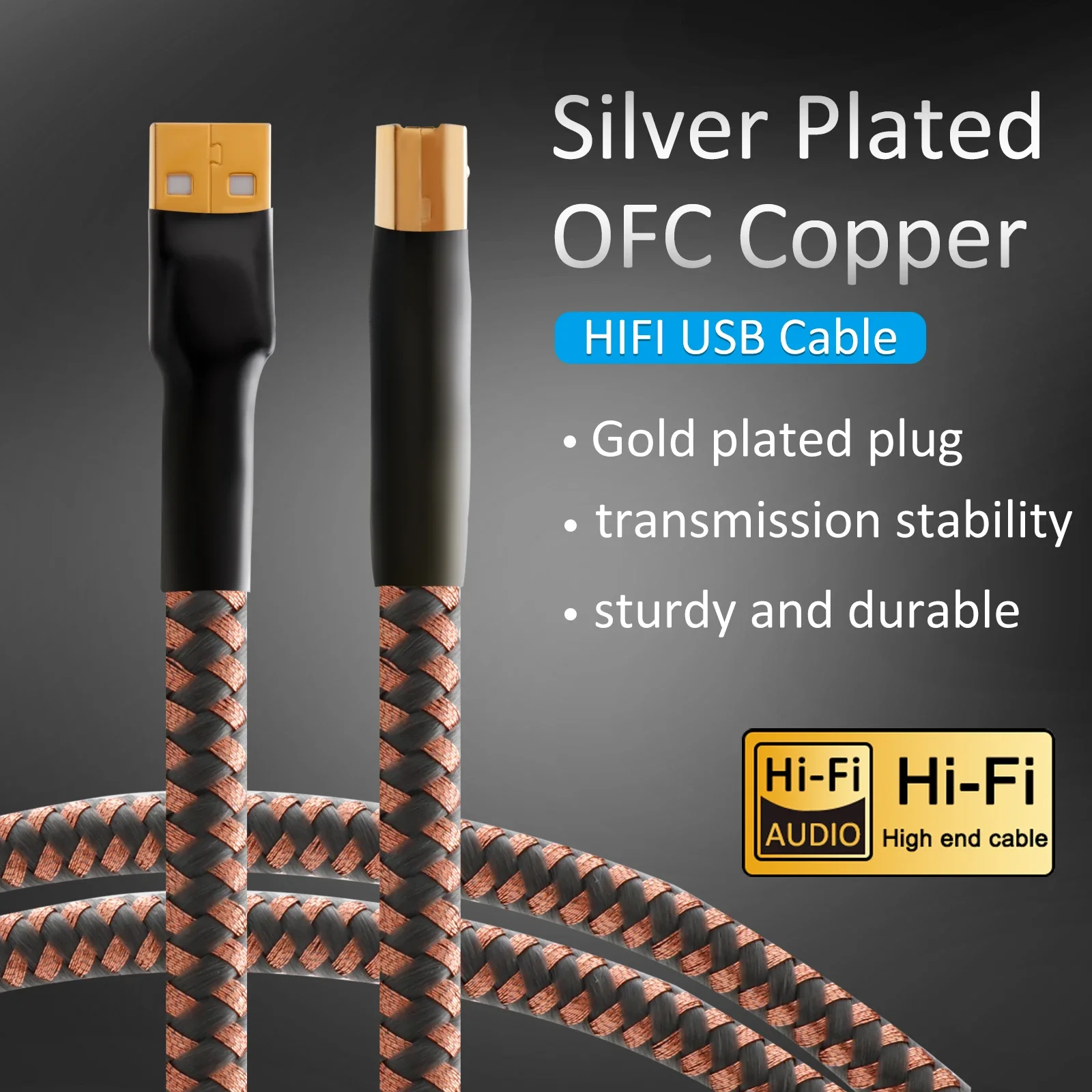 금도금 HIFI USB 2.0 A-B 케이블, 오디오 애호가 USB DAC 디코더 프린터 데이터 라인