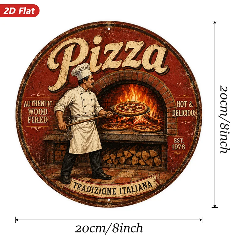 2D Flat, 1pc Vintage Pizza Oven Round Metal Sign Wall Art, Home Decor, Suitable for Dining Room Study, Pizza Lettering