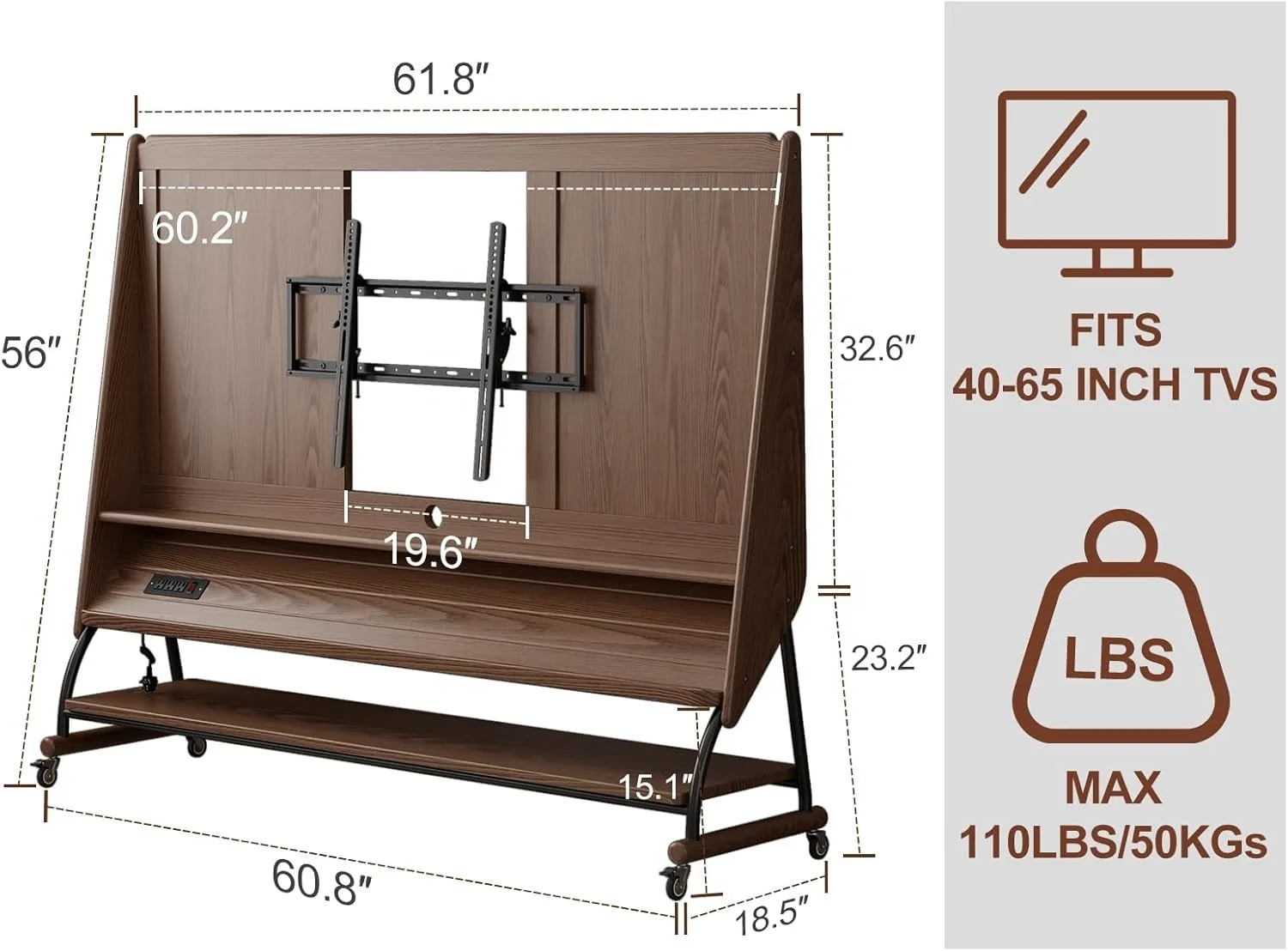 #US Stock Modern Solid Wood TV Stands for Living Room with Wheels Height Adjustable Outlet Floor Stand TVs-Home Center DSG030