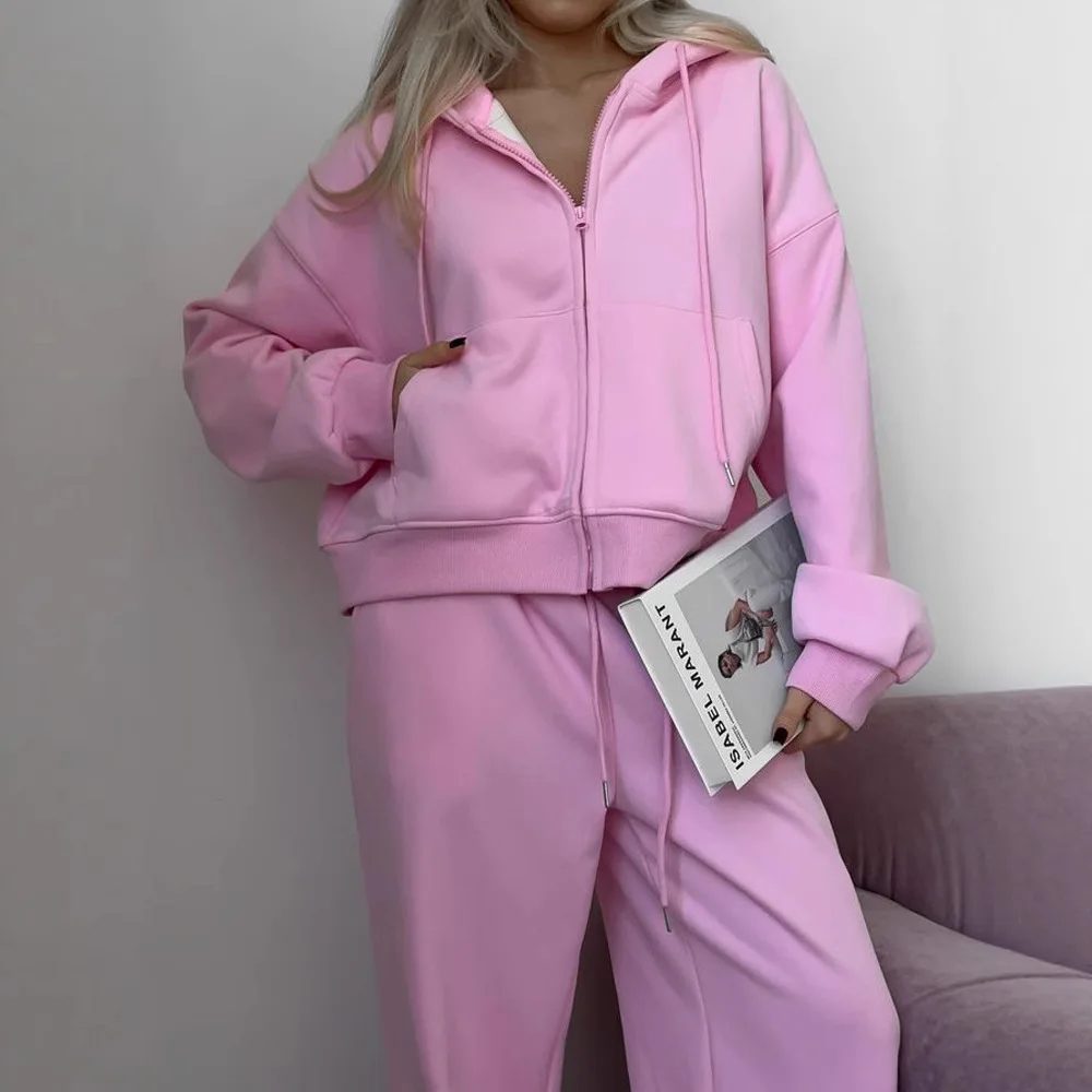

2026 Women's New Zipper Hooded Sports Cardigan Lace Up Pants Two-piece Casual Set Solid Color Versatile Sports Set for Women