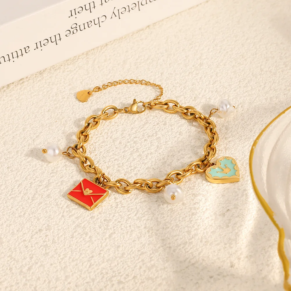 

Stainless Steel Oil Dripping Heart-shaped Envelope Pearl Pendant Ins Style Fashion Temperament DIY Jewelry