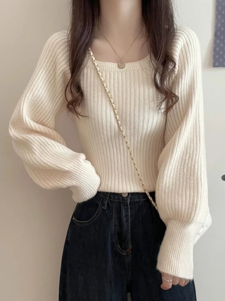

Women's Knitted Sweater Lantern Sve Square Collar Base irt Inner Wear Top Small Size 2025 New Sle Commute Sle Loose Fit