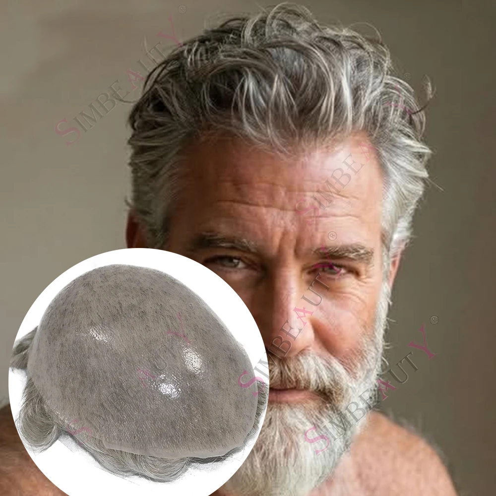 

0.06mm Super Thin Skin 1B80 520# Grey Men's Wigs Natural Hairline Undetectable Durable Man's Toupee Capillary Prosthesis System