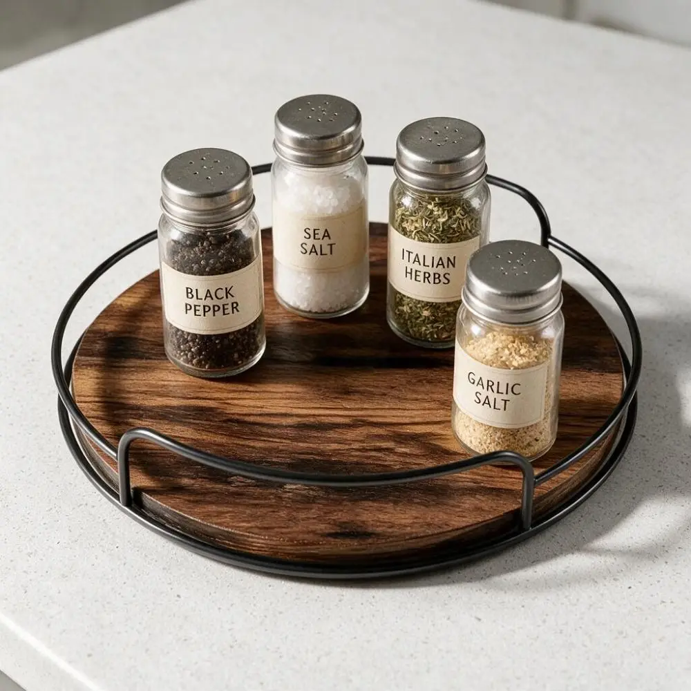 2 Piece Round Wooden Rotating Tray Metal Guard Rail Strong Load-bearing Capacity Seasoning Bottle Organizer Turntable