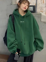 Woman Tops Thick Green Cold Hooded Sweatshirt for Women Loose Autumn and Winter Hoodies Warm Long Baggy Aesthetic Cotton M Kpop