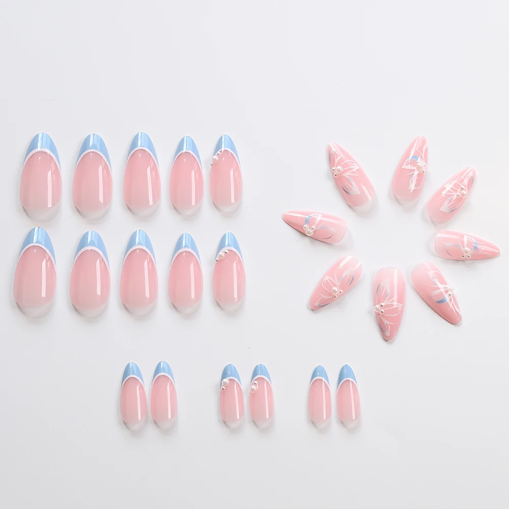 24Pcs French Blue Edge White Flower Press On Nails with 3D Pearls Short Almond Fake Nails Fashion Women Wearable False Fingertip
