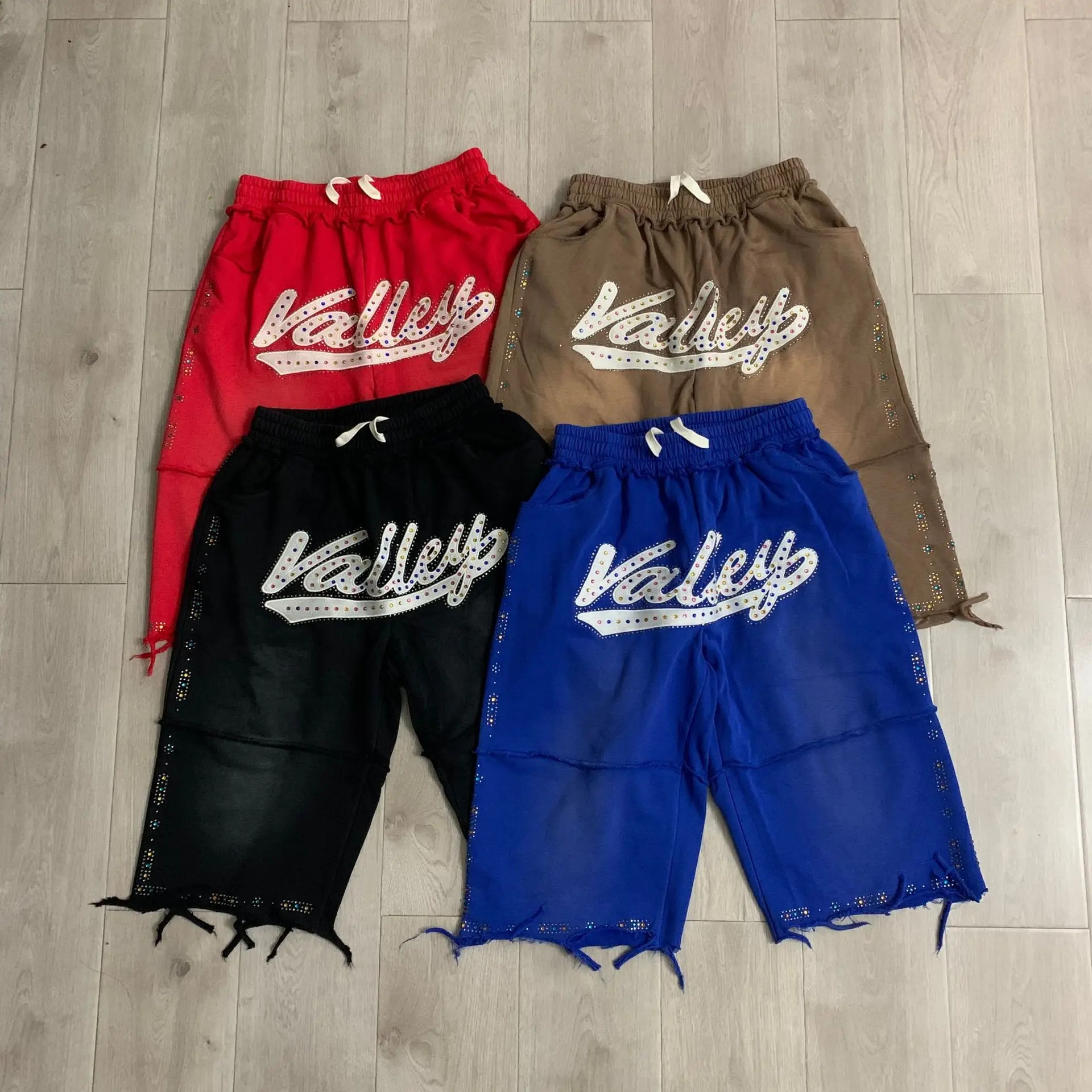 VALE FOREVER American High Street Loose Casual Spliced Rhinestone Embroidered Trendy Denim Shorts