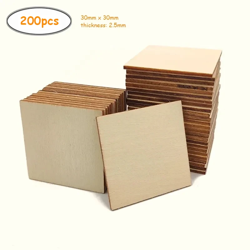 200pcs 3cm Unfinished Square Blank Wood Pieces Wooden Square Cutouts for DIY Crafts, Coasters, Pyrography, Painting, Photo Props