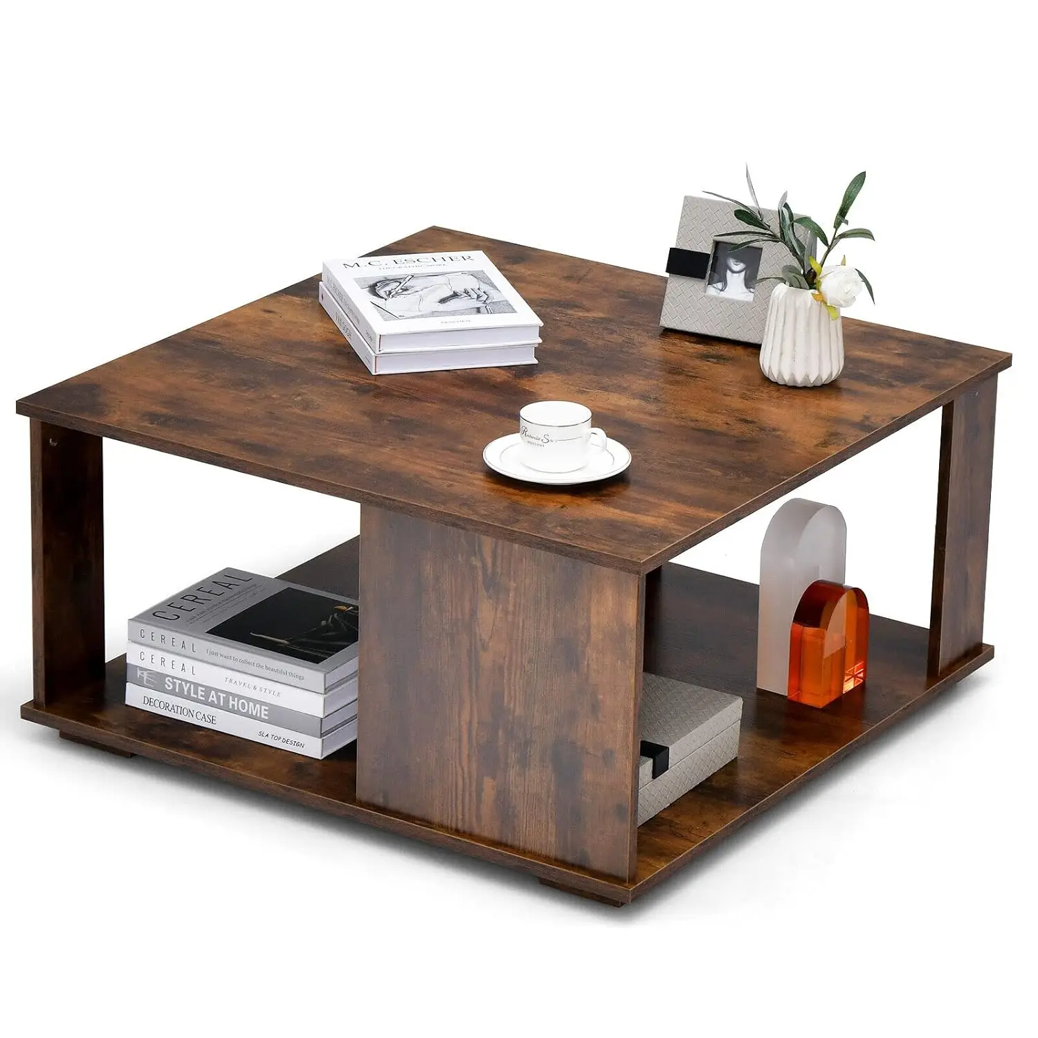 

32” Square Coffee Table, 2-Tier Wooden Table with Storage Shelf, Industrial Home Accent Table, Mid-Century Center, Customized