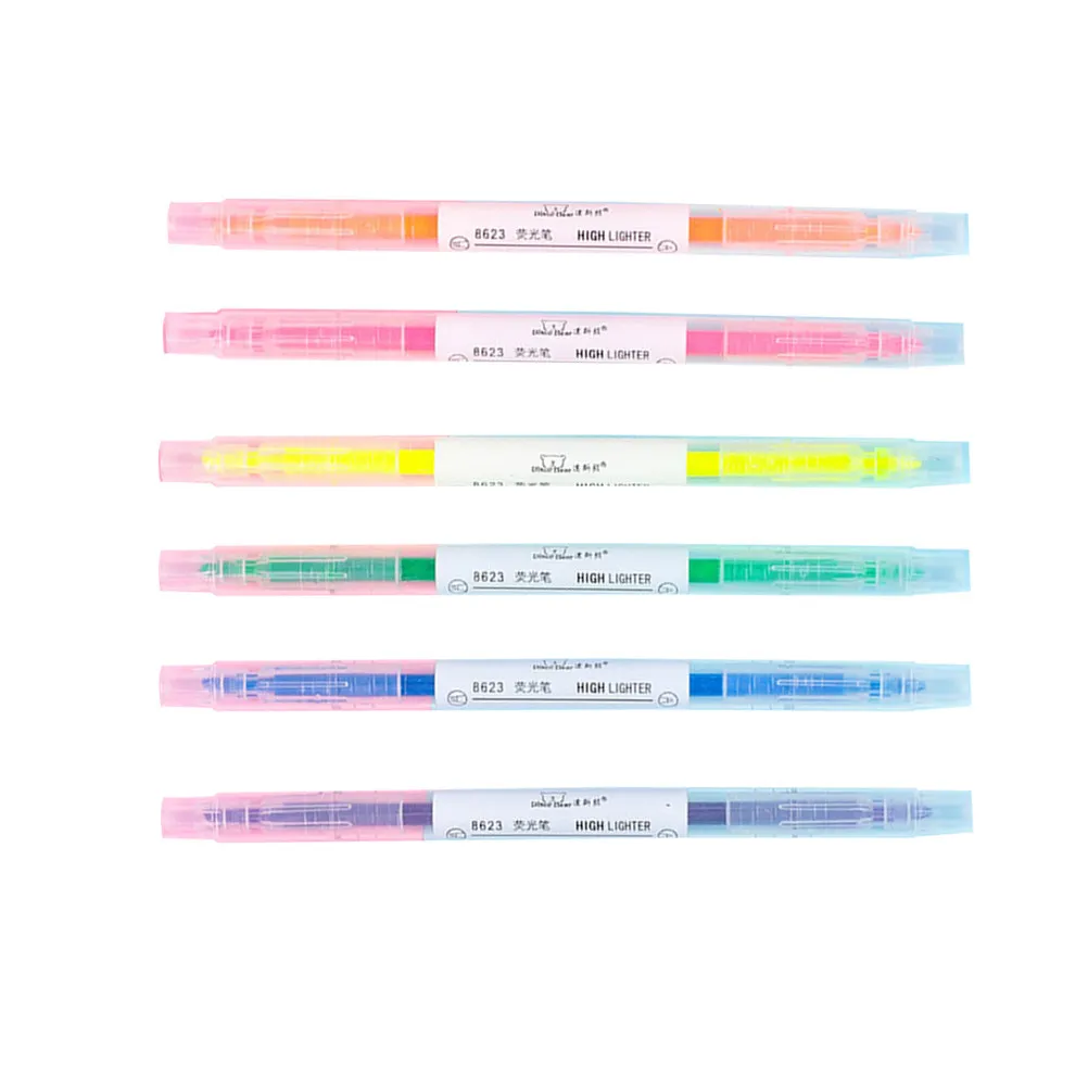 6Pcs Fluorescent Pens Double-End Highlighter Marker Candy Colors School Office Supplies Smooth Writing Ergonomic Handle