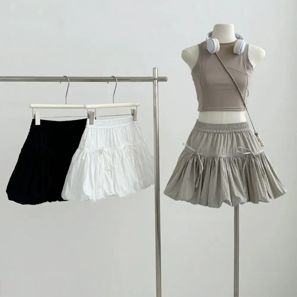 

Sweet Ballet Puffy Skirt French Style Bowknot Bud Skirt With Lining Pleated A-line Skirt For Women Girl