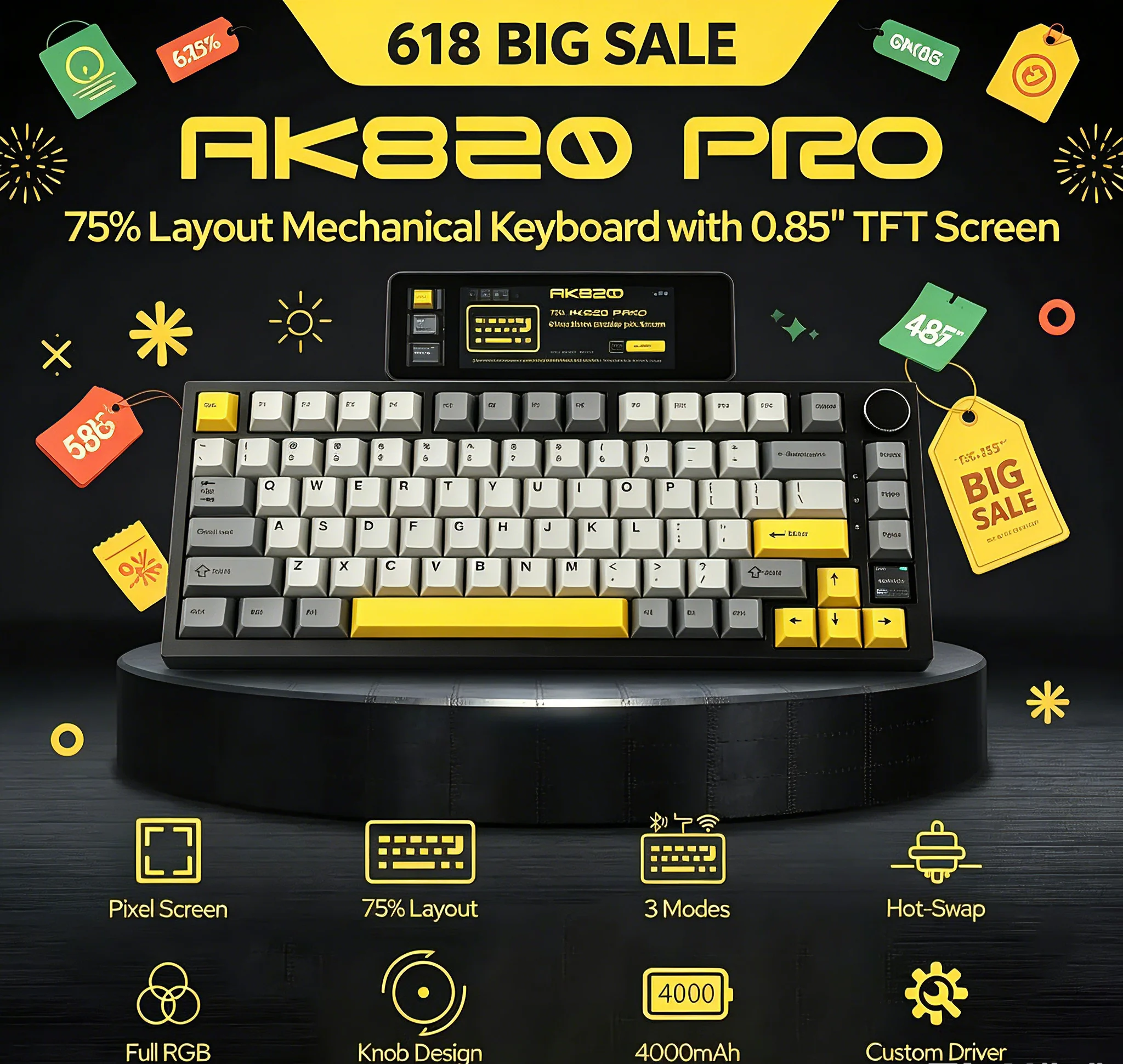 Ajazz AK820/AK820Pro clavier mécanique de jeu Bluetooth 5.1/clavier personnalisé sans fil/filaire avec bouton scellé d'échange de chaleur