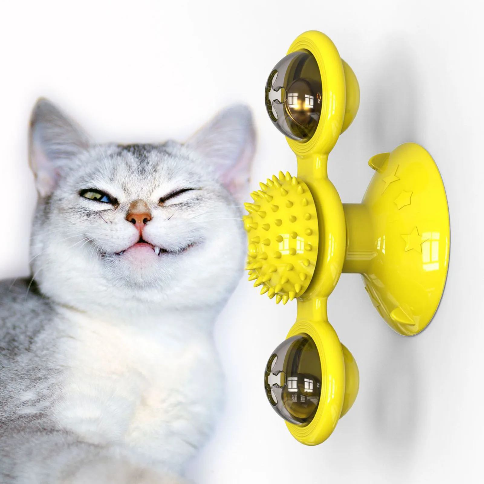 Windmill Cat Toy Rotating Interactive Multifunctional Kitten Comb Toy For Wall Door Yellow