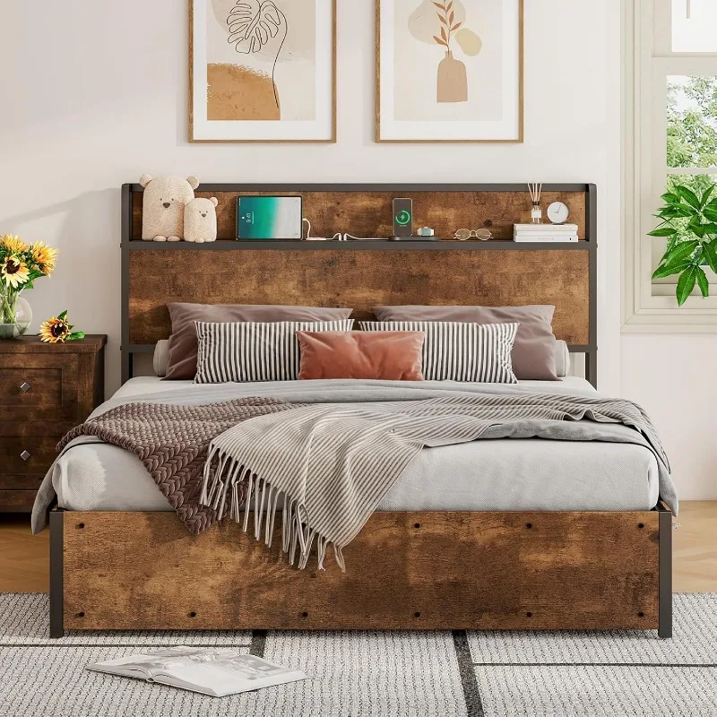 King Size Lift Up Storage Bed, Wood Platform Bed Frame with Storage Headboard & Charging Station, No Box Spring Needed