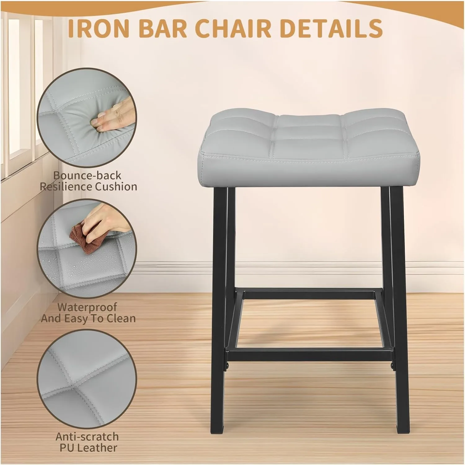 Taburetes de sillín industriales de 24 pulgadas, tapicería texturizada sin respaldo, taburetes compactos de cocina y taller para espacios pequeños