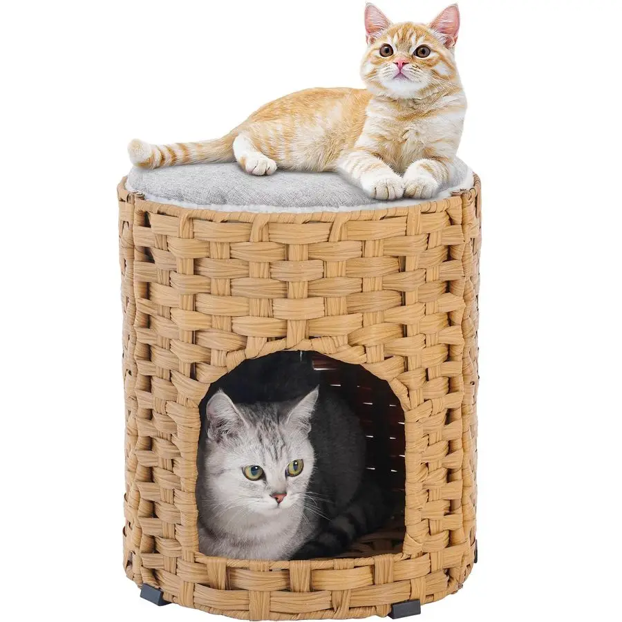 

House for Indoor Cat, Small Cat Houses Handwoven PE Rattan Kitten Cave, Pet Kitten Bed Covered, One Bed Pad, 13 x 13 x 13.7 Inch