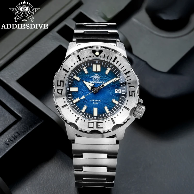 ADDIESDIVE Men Mechanical Watches Sapphire Glass 42mm Surfing Blue Dial C3 Luminous 200m Waterproof Dive Stainless Steel Relogio