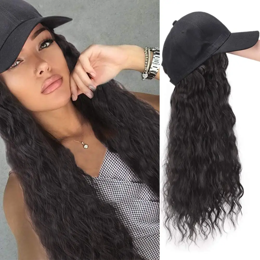 

Baseball Cap Wig Long Kinky Straight Wig With Black/White Hat For Women Synthetic Hair Wigs Naturally Connect Adjustable Hat Wig